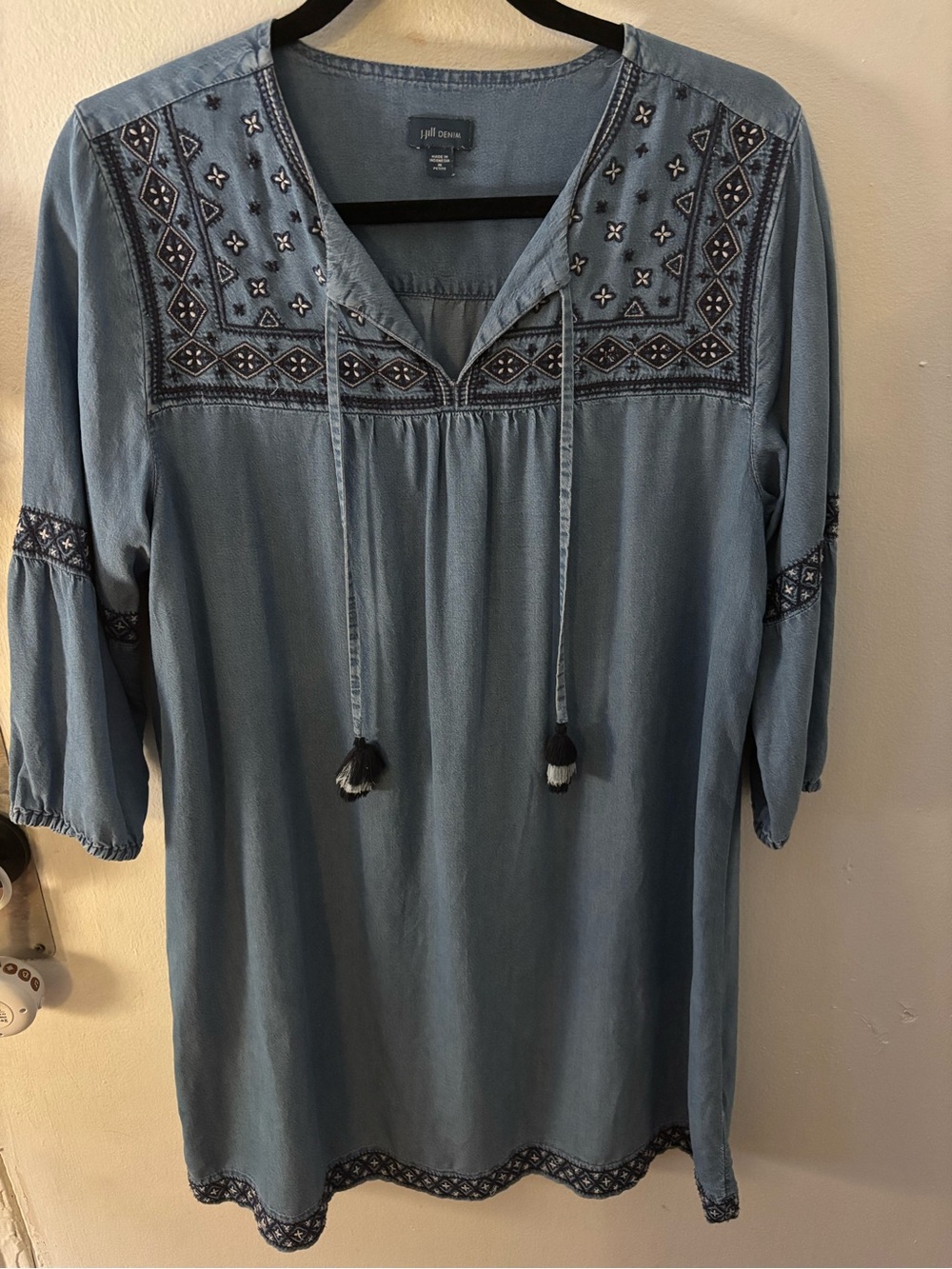 J. Jill Chambray Blue Embroidered Tunic with Tassels